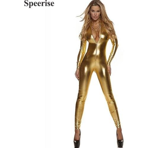 Sparkly Shiny Metallic Zentai Deep V Collar Bodysuit Unisex Catsuit Halloween Costume Sexy Clubwear Nightclub Dancer Clothing