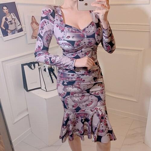 New arrival fashion korean spring midi bodycon dress women OL temperament sexy v-neck print floral beach slim mermaid dress