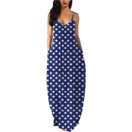 2021 Striped Star Patchwork Print Dress Women Summer V Neck Sleeveless Loose Long Maxi Dress Beachwear Dresses Vestido Plus Size