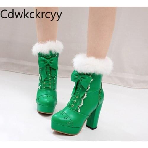 Winter The New Rabbit fur fashion Round head Thick heel short Boots sweet Bow Plus cashmere Keep warm High heel Women boots