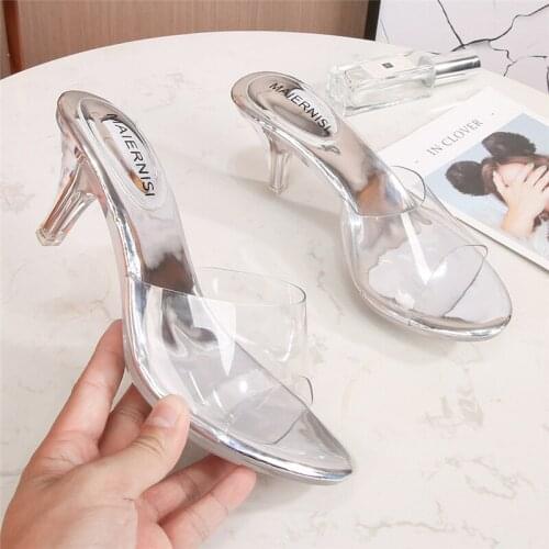2021 New Women Fashion Black Slides 6.5cm Low High Heels Luxury PVC Sandals Transparent Mules Slipper Lady Sexy Streetwear Shoes