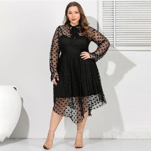 4XL 5XL Plus Size Party Dress Women 2021 Summer Mesh See Through Long Sleeve Polka Dot Sexy Club Dress Black Maxi Long Dresses