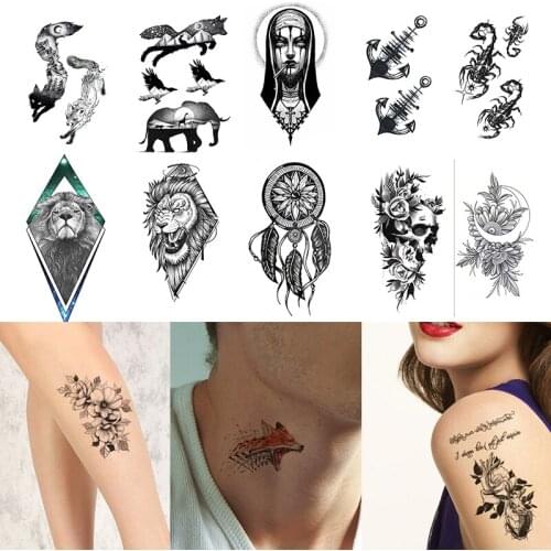 Black Imitation Tattoo Sticker Wolf Fox lion Butterfly Waterproof Temporary Tattoo Man Women Rose Pattern Fako Transfer Stickers