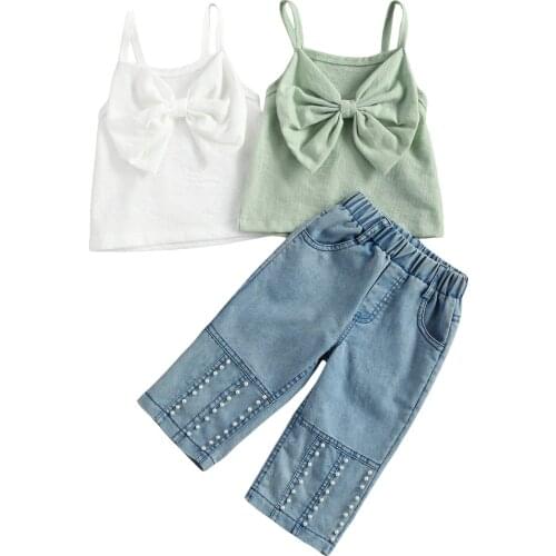 Citgeett 1-6Y Summer Cute Kids Girls Clothes Sets Solid Sleeveless Bow Vest Tops Denim Pants 2pcs Set Clothes