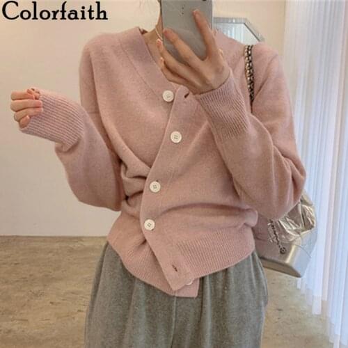 Colorfaith New 2021 Womens Autumn Winter Sweaters Fashionable Elegant Irregular Cardigan Vintage Short Knitwear Tops SWC1358