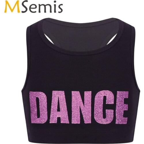 Kids Girls Gymnastic Swimsuit Ballet Crop Top Dance Top for Chid Racer Back Shiny Printed Sports Bra for Dance Stage Performance