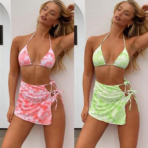 Echoine Sexy Tie Dye Print Bikini 3 Piece Set Halter String Bathing Swimsuit Women Brazilian Low Waist Swimwear Swimming Suit