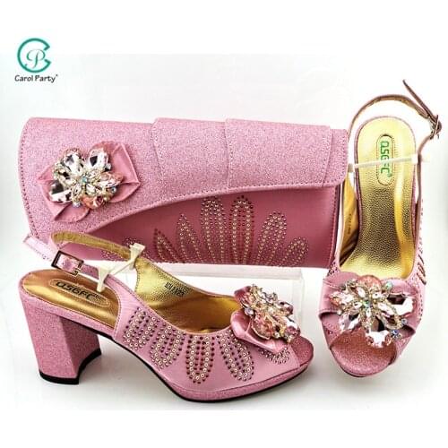 Hot Selling Orange Color Italian Design African Party Women Shoes and Bag Set Decorated With Many Shape Colorful Rhinestone