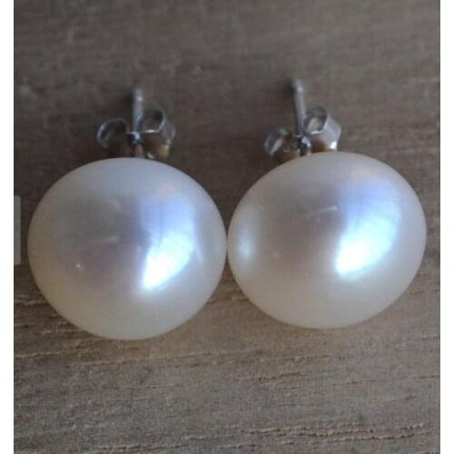 Favorite Real Pearl Earrings AA 12-13MM White Natural Freshwater Pearl Earrings S925 Silver Stud Jewelry Charming Women Gift