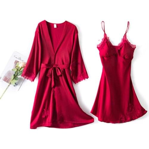 Sweet Sleepwear Set Womens Sexy Lace Pajamas Women Pajama Set Long Belt Robe Vest 2PCS/Set kPaCotAkoWka Red Rayon Homewear