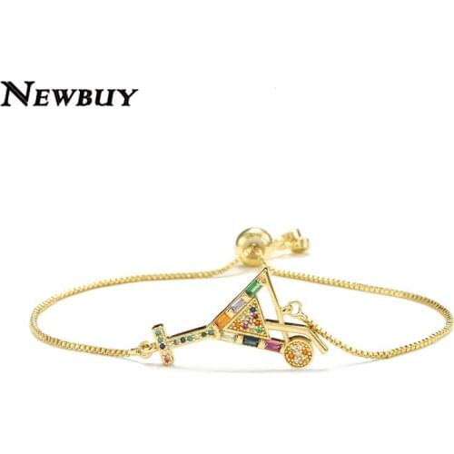 NEWBUY Fashion Gold Color Eiffel Tower Charm Bracelet Adjustable Chain Bracelet & Bangle Rainbow CZ Zirconia Jewelry Femme