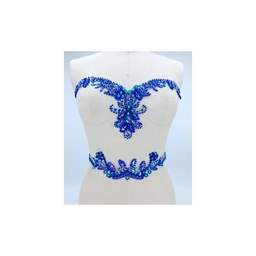 Handmade crystal patches trim sew on royalblue rhinestones applique on mesh 32*18cm&29*7cm for dress accessories