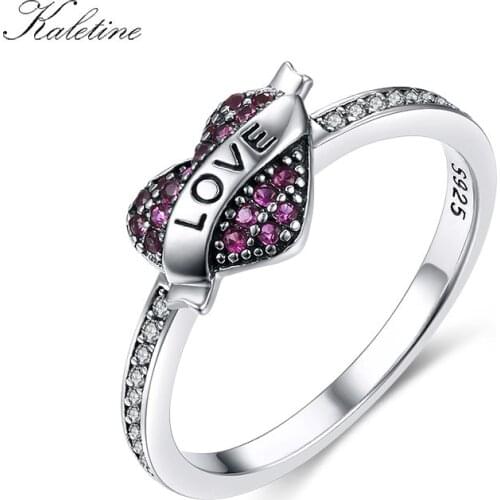 KALETINE Original 925 Sterling Silver Love Rings Purple Radiant Hearts Ring Love Lettering Clear CZ Jewelry Women KLTR087 2018
