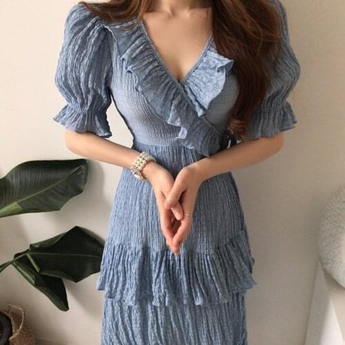 Vintage Womens Korean Summer Dresses Retro Chic Sexy V-neck Pleated Waist Slim Puff Sleeve Woman Dress for Women Vestidos 2021