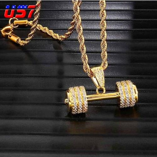 US7 Iced Out Fitness Pendants Necklaces Copper Shiny Rapper Barbell Necklace Hip Hop Rope Chain Men Gym Jewelry