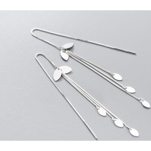 Real. 925 Sterling Silver jewelry Oval Leaf Piercing Long Earrings Tassel Chain Pull Through Piercing C-G7411