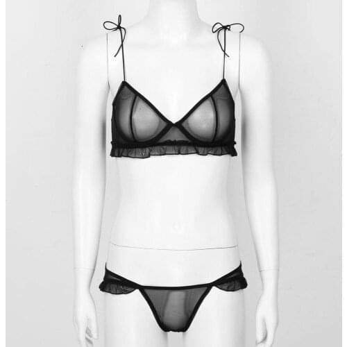Sexy Erotic Women Transparent Lingerie Set See Through Sheer G-String Ruffle Underwired Bra Top Low Rise Open Butt Underwear