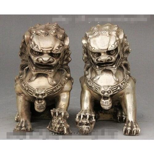 Old Chinese Silver Fengshui Doorway Guard Foo Fu Dog Guardion Lion Statue Pair