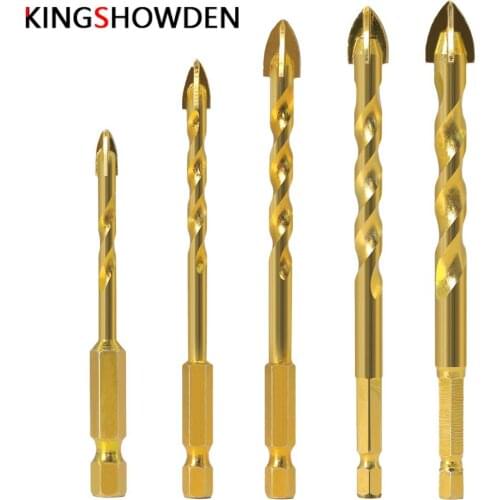 5pcs Hex Shank Twist Glass Bits Titanium Ceramic Drill Bit Drill Set 4.3/ 6.2/8.6/10/12mm Tile Concrete Cross Tip Hole Bit Tile