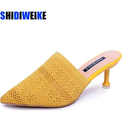 Knit Mesh Breathable High heels Mules slippers women 2021 summer shoes women Pointed Toe Thin Heels Fashion Party ladies shoes