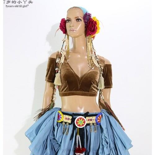Belly Dance Velvet Fat Chance Tribal Choli Costume Short Drop Sleeve Top CJJ30