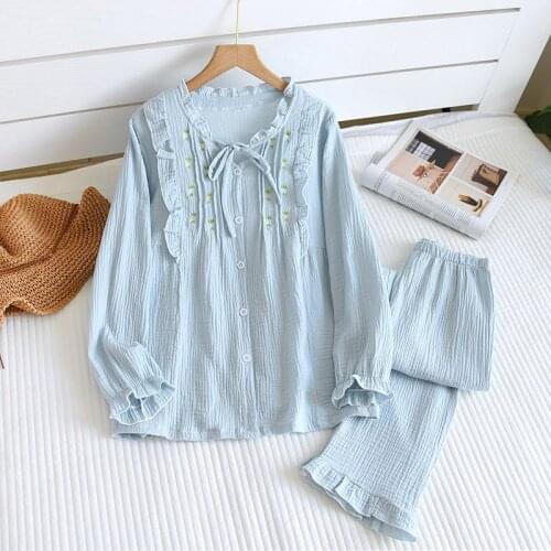 Spring/summer Double-layer Gauze Thin Cotton Long-sleeved Pajamas for Women Round Neck Solid Comfort Home Clothing Two Piece Set
