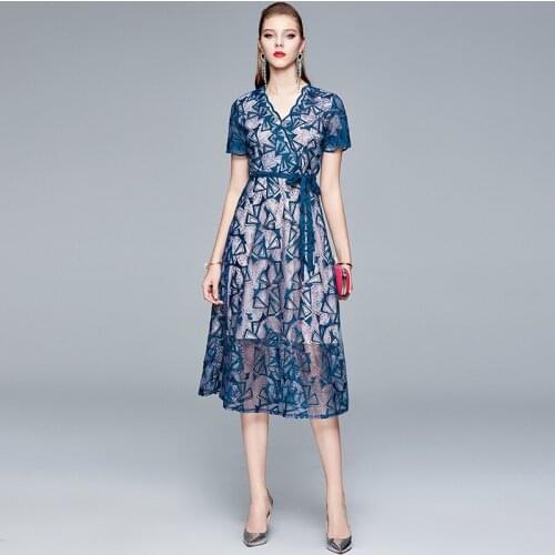 Runway Mesh Embroidered Dress 2021 Summer New Women Vintage Elegant Fashion V-neck Slim Party Dress