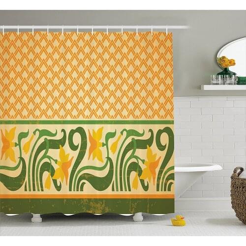 Art Nouveau Shower Curtain Fresco Ornament Geometric Pattern with Exotic Daffodil Floral Border Home Decor Bathroom Curtains