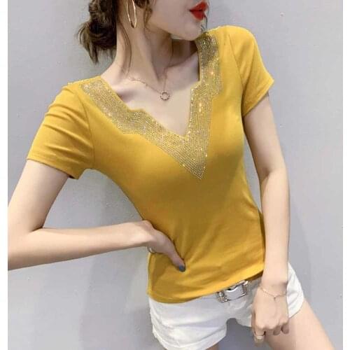 Sexy Back Patchwork Lace Mesh All Match Tees 2021 New Summer Korean Clothes T-shirt V-Neck Diamonds Women Tops Ropa Mujer