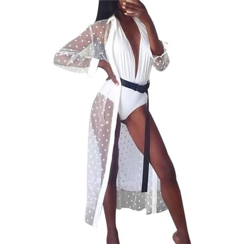 Women Polka Dot Beach Dresses Sexy Lapel Long Sleeve Mesh See-Through Bikini Cover-Ups Bathing Suit Cover Ups Maxi Dress