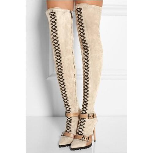 Beige Black Suede Ostrich Leather Over The Knee Boots For Women Lace-up Buckle Rubber Sole Fashion Long Boots Autumn Winter