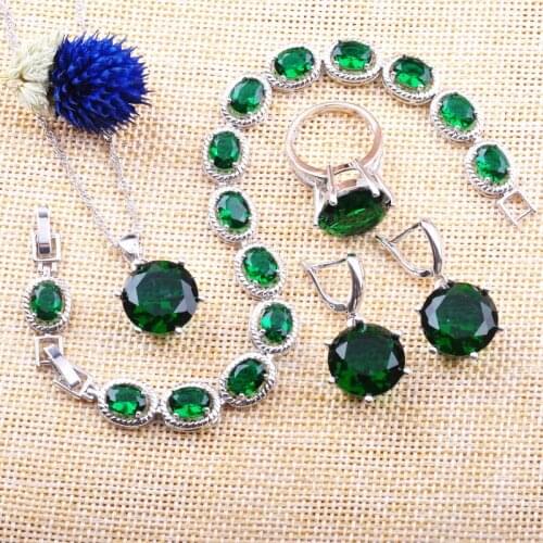 Silver Color Green Zirconia Round Jewelry Sets For Women Wedding Bracelet Necklace Pendant Earrings Ring Russian style YZ0109