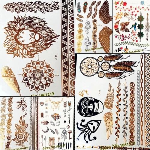 Gold Henna Flower Metallic Temporary Tattoo For Women Girl Makeup Body Art ARm Mandala Dream Catcher Fake Flash Tattoo Stickers