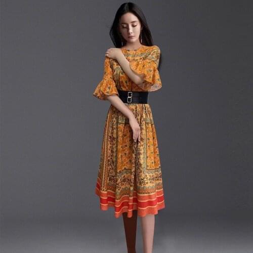 2021 Summer Designer Fashion 100% Cotton Elegant Dress Women Flowers Printed Flare Sleeve Vintage Dresses