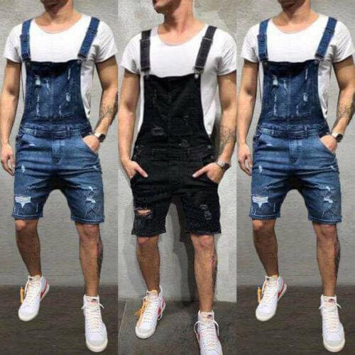 2021 Mens Overalls Shorts Men Ripped Jeans Jumpsuits Shorts Summer Street Distressed Denim Bib Overalls Man Suspender Pants