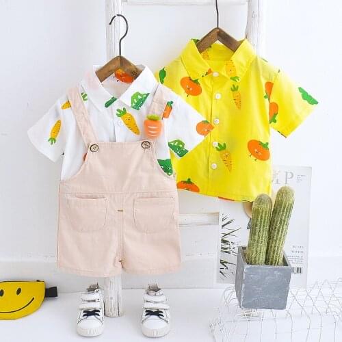 2021 New Toddler Baby Boy Suit Fruit Suit Short Sleeve Radish Shirt + Bib Two Piece Suit 1 2 3 Year