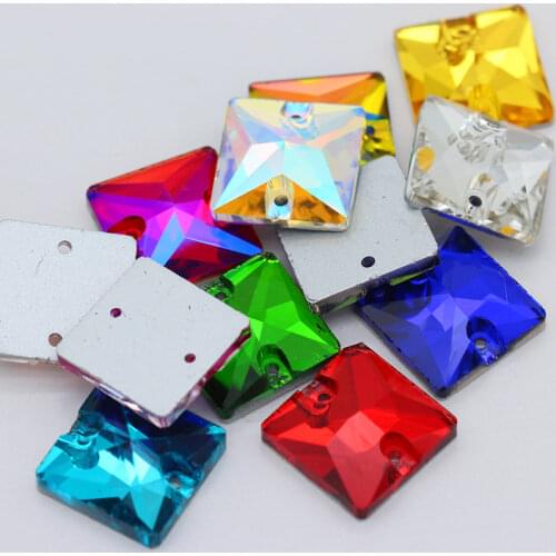 24p 14mm square Flatback sewing gem stone Sew On Crystal Glass Rhinestones Trims jewels 2-Hole beads DIY shoes bag hats clothing