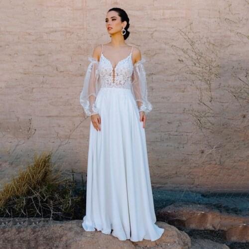 Eightree 2021 White Beach Wedding Dress Long Puff Sleeve V-neck A-Line Lace Bridal Gown Evening Party Gown Boho Dress Customsize