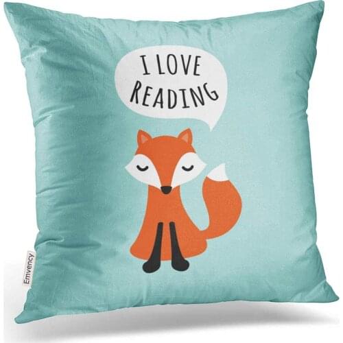 Emvency Square 18x18 Inches Decorative Pillowcase Cute Cartoon Fox I Love Reading On Blue Background Polyester Decor Throw