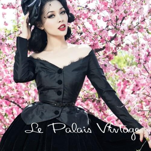 FREE SHIPPING Le Palais Vintage Limited Edition Black Elegant Lace Slit Neckline Slim Waist Silks And Satins Coats & Jackets