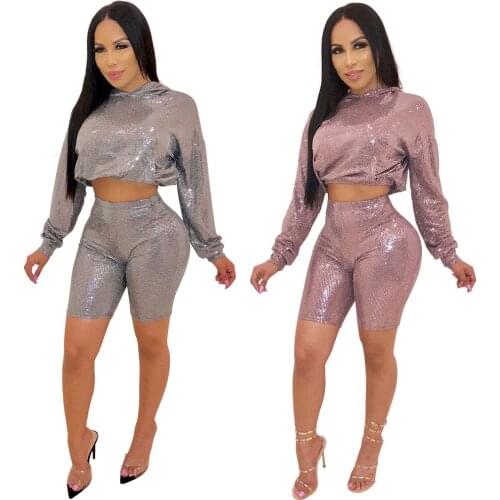 FNOCE 2020 winter womens sets sexy nightclub young fashion trends solid long sleeve hooded short hoodies tight shorts 2-pc suit