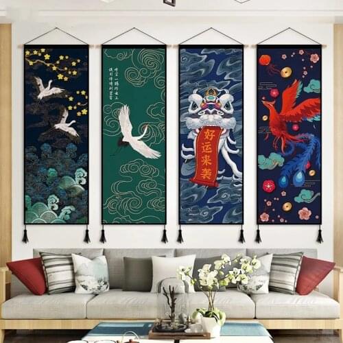 Chinese Style Phoenix Art Canvas Painting Poster Wooden Hanging Scroll Painting Printed Home Living Room Decoration Pictures