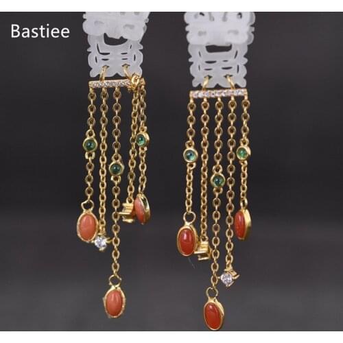 Bastiee Korean Earrings Earrings Silver 925 Jewelry For Women Jade Golden Plated Long Earrings Vintage Silver Earrings