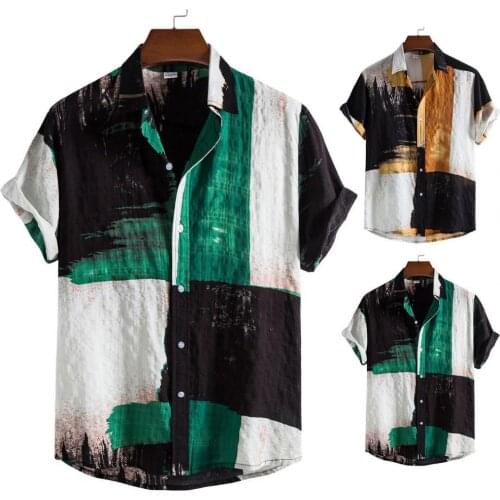 Short Sleeve Men Shirt Turn-down Collar Casual Patchwork Print Loose Hawaiian Shirt Beachwear