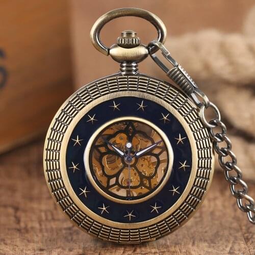 Copper Hand Winding Mechanical Pocket Watch Men Women Skeleton Fob Hollow Star Flower Pendant Chain Vintage Watches