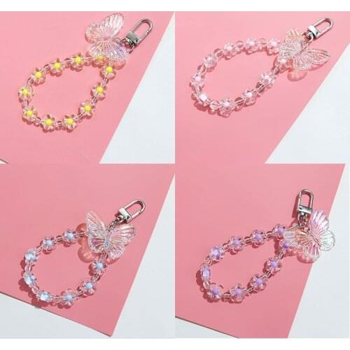 Cute Butterfly Flower Beads Lanyards Key Chains Women Keyring Car Keychain Bag Backpack Decor Case Pendent Mobile Phone Chains