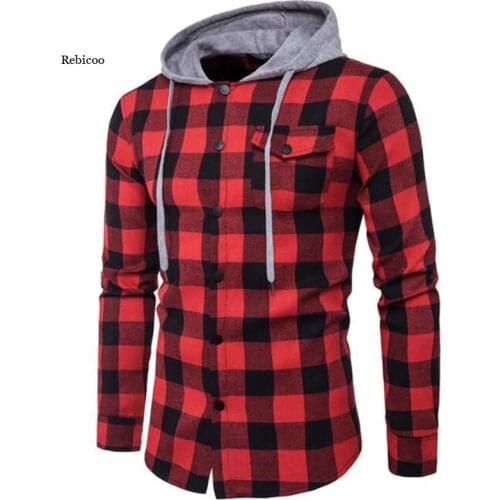 Mens Fashion Hooded Shirt Autumn New Long Sleeve Red Plaid Shirts Casual Denim Shirt Big Sizes Menswear