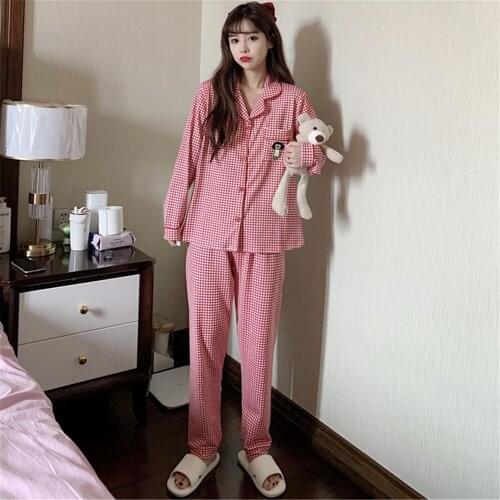 Sleepwear Women Pajamas Sets with Pants Long Turn-down Collar with Pocket SleeveCotton Female Home Clothes