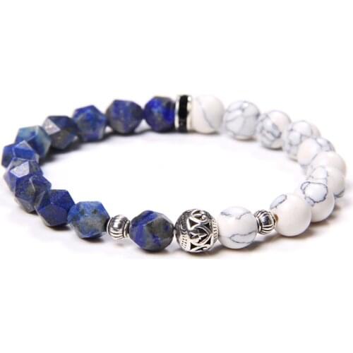 Faceted Natural lapis lazuli Stone Beads Bracelet White Turquoises Metal Ball Charm Yoga Bracelet Energy Jewelry for Women Men