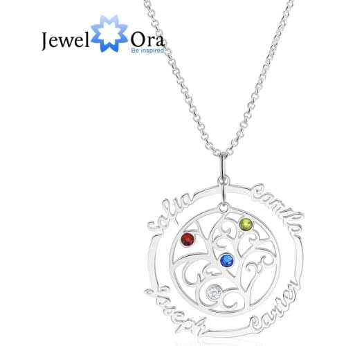 JewelOra 925 Sterling Silver Personalized Family Tree Necklace with 4 Birthstones Custom Name Pendant Jewelry Mothes Day Gifts